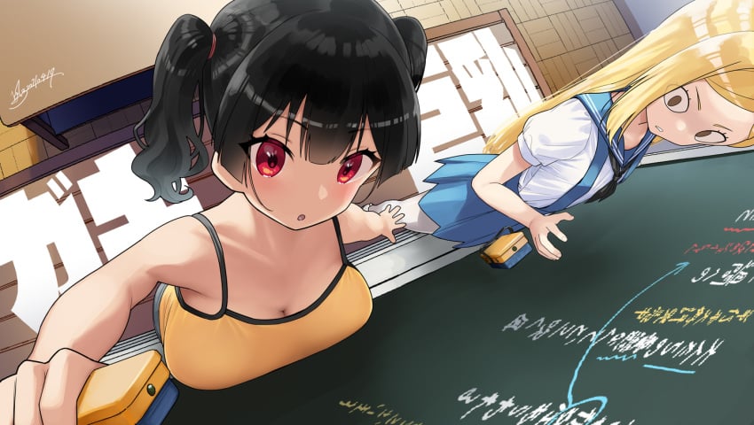 2021 2girls :o artist_name bare_arms bare_shoulders black_hair blonde_hair board board_eraser breast_envy breast_press breasts brown_eyes camisole chalkboard classroom cleavage clothing dated desk dropping eyes_visible_through_hair female female_only flat_chest highres indoors japanese_text kaedeko_(kaedelic) kanna_sasaki_(kaedeko) lady_flat_chest_(kaedeko) large_breasts long_hair looking_at_another looking_at_breasts looking_up multiple_girls open_mouth original pleated_skirt red_eyes sailor_collar school_desk school_uniform shirt short_hair short_twintails shorts signature skirt spaghetti_strap standing suspender_skirt suspenders tank_top teenage_girl teenager teeth text tied_hair tiles tongue twintails wide_eyed