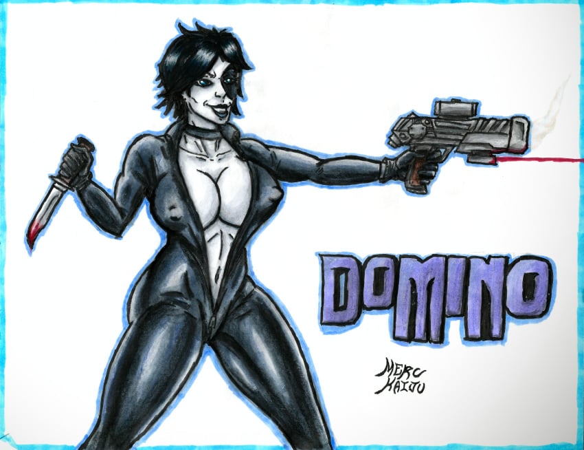 1girls ass big_ass big_breasts black_clothing black_gloves black_hair black_lipstick blue_eyes bodysuit breasts busty choker curvaceous curvy curvy_female curvy_figure domino_(marvel) fanart female female_only finger_on_trigger gloves gun handgun heroine hips holding_gun holding_knife holding_weapon knife legs marvel marvel_comics merc_kaiju mutant navel neena_thurman nipple_bulge nipples nipples_visible_through_clothing self_upload short_hair smile solo thick_thighs thighs tight_bodysuit tight_clothing traditional_art traditional_drawing_(artwork) traditional_media_(artwork) unzipped_bodysuit x-force x-men zipper