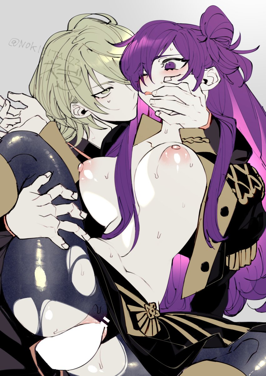 1boy 1girls alternate_hair_color attractive_dom bangs blush breasts byleth_(fire_emblem) byleth_(fire_emblem)_(male) censored censored_penis clothed embarrassed enlightened_byleth_(male) exposed_breasts female fire_emblem fire_emblem:_three_houses fire_emblem_warriors:_three_hopes from_behind garreg_mach_monastery_uniform green_eyes green_hair hair_bun hair_over_one_eye hand_on_face hand_on_thigh hetero highres large_breasts large_penis lifting_partner long_hair long_sleeves male negiwo nervous nintendo nipples open_mouth pantyhose penetration penis purple_eyes purple_hair pussy sex shez_(female)_(fire_emblem) shez_(fire_emblem) short_hair signature skirt spread_legs sweat torn_clothes torn_pantyhose unbuttoned_shirt underwear_aside vaginal vaginal_penetration vaginal_sex