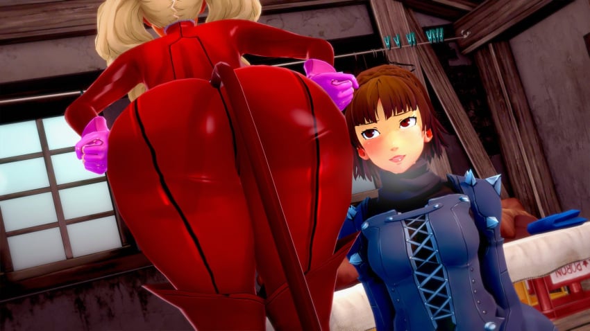 ann_takamaki bedroom blonde_hair blush female huge_ass human imminent_sitting makoto_niijima nervous persona persona_5 phantom_thief_suit skin_tight small_breasts suit unski113d