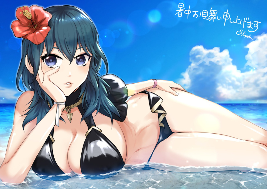 1girls alternate_costume bikini_top black_bikini black_swimsuit blue_eyes blue_hair breasts byleth_(fire_emblem) byleth_(fire_emblem)_(female) byleth_(summer)_(fire_emblem)_(female) female female_only fire_emblem fire_emblem:_three_houses fire_emblem_heroes looking_at_viewer nintendo official_alternate_costume solo swimsuit yuki_cryp_a