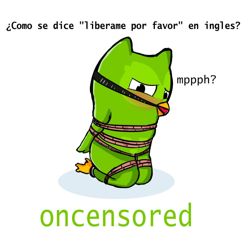 ball_gag bird bondage buho duo_(duolingo) duolingo green_body green_skin male_focus male_only oncensored oncensored_(artist) rope_bondage solo_male spanish_text text tied_up