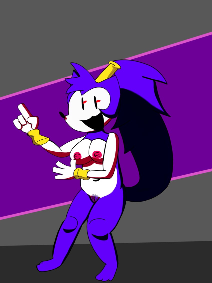 breasts creepypasta mobian_(species) needlemouse_(character) needlemouse_(series) pubic_hair purple_fur red_eyes sarah_henderson_(needlemouse) sega shantae shantae_(cosplay) shantae_needlemouse smiling smooth_skin sonic.exe sonic.exe_(series) sonic_(series) sonic_the_hedgehog_(series)