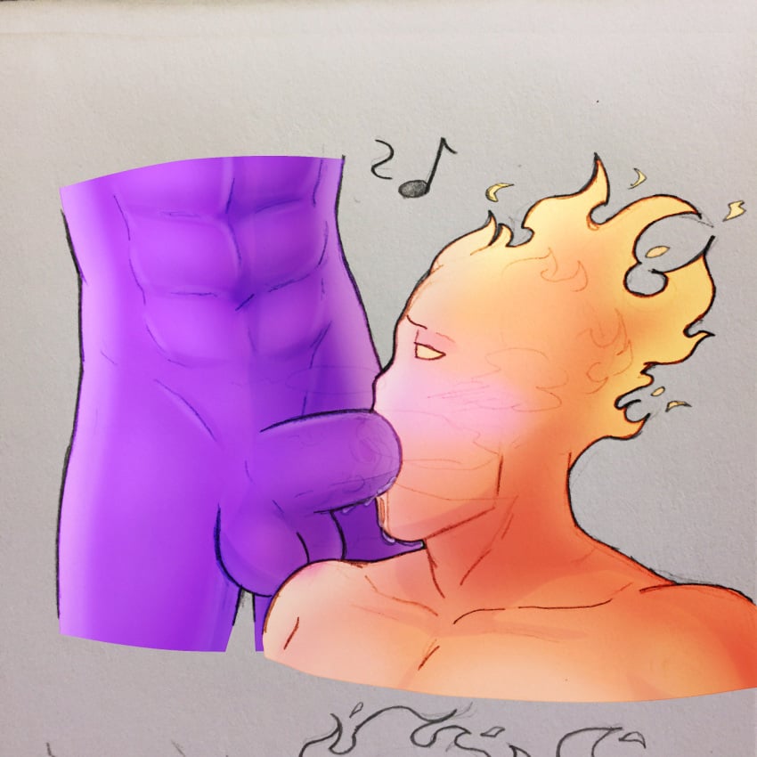 2boys alternate_universe balls blush bodily_fluids dick erection fell_grillby fellatio gay grillby licking_penis male male/male male_only oral oral_sex orange_body purple_body redeyedgazer saliva sex sucking tagme underfell undertale undertale_(series) undertale_au