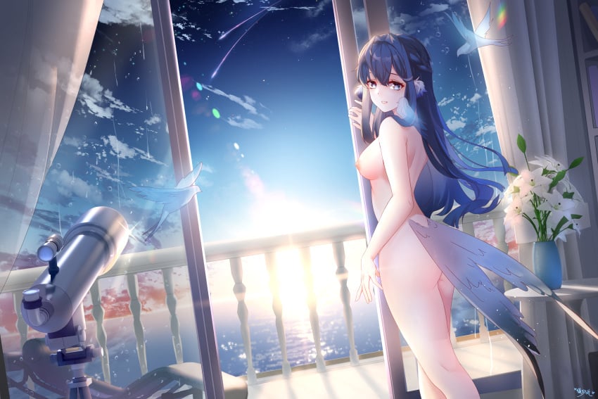 1girls areolae arknights arms ass astesia_(arknights) balcony bare_back bare_shoulders big_breasts birds blue_eyes breasts completely_nude dutch_angle ear_tuft female female_only flowers happy highres legs lens_flare light-skinned_female lingshalan long_hair looking_at_viewer looking_back medium_breasts naked nipples nude ocean rain_on_window see-through_dress shooting_star sky smile solo standing star-shaped_pupils sun sunrise telescope thighs wallpaper window wings