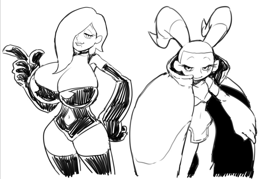 2020 2girls armpits beauty_mark belly_button big_breasts black_line_art black_lineart black_lines blank_background blush breasts breasts_bigger_than_head coat coat_open eyebrows eyelashes eyeshadow female female_only finger_gun gloves hair_over_eye hair_over_one_eye half-closed_eyes half_lidded_eyes hand_on_hip hand_on_own_hip huge_breasts kaiba leotard line_art lipstick long_gloves looking_at_viewer lum_(kaiba) navel navel_cutout no_color open_coat parm_(kaiba) ranaecho shiny_breasts shiny_clothes shiny_clothing sketch smile smiling smiling_at_viewer smirk smirking smirking_at_viewer standing stockings striped_hair thighhighs twintails white_background