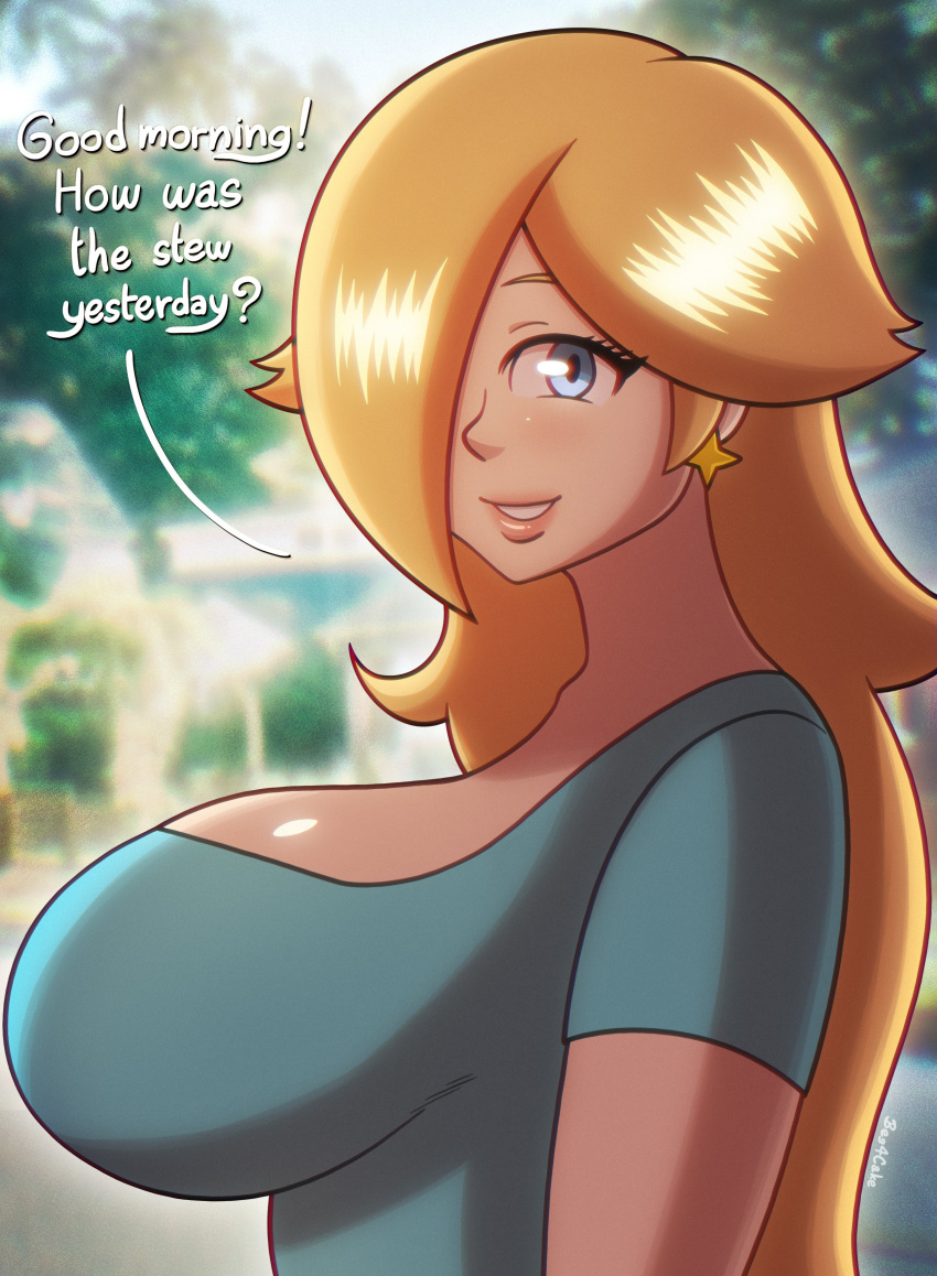 1girls alternate_breast_size beg4cake big_breasts blonde_hair blue_eyes breasts dialogue earring female female_only female_solo hair_over_one_eye huge_breasts lipstick long_hair looking_at_viewer low_cut_top mario_(series) nintendo princess_rosalina shirt sideboob smile smiling smiling_at_viewer solo solo_female very_long_hair