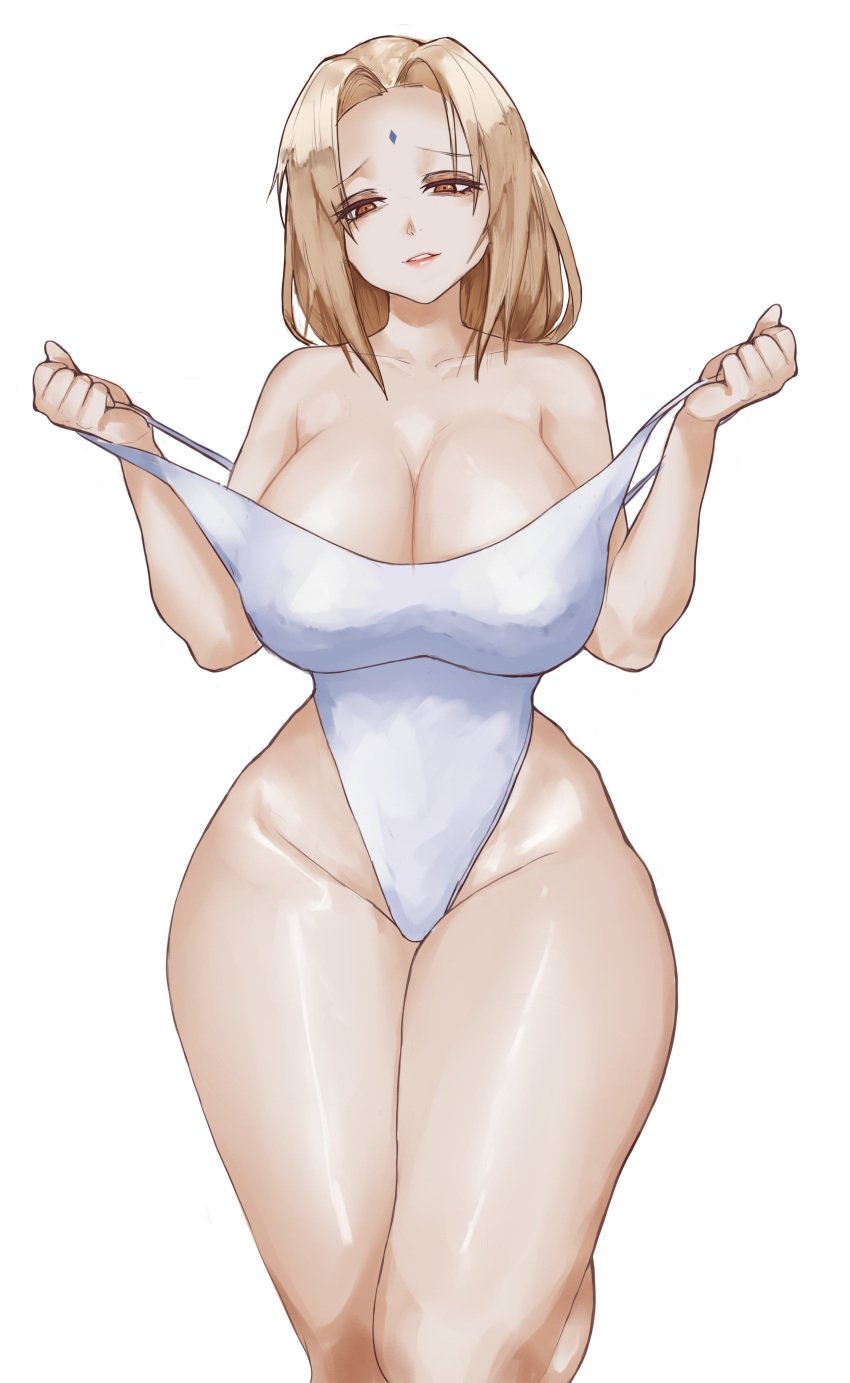 1girls absurdres bare_shoulders blonde_hair breasts brown_eyes cleavage clothes_pull covered_nipples female forehead_jewel highres huge_breasts inovy large_breasts lips mature_female naruto naruto_(series) one-piece_swimsuit one-piece_swimsuit_pull solo solo_female swimsuit thick_thighs thighs tsunade white_background white_one-piece_swimsuit wide_hips