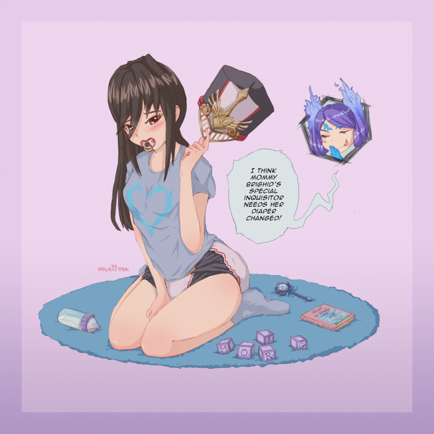 2girls abdl baby_bottle black_hair blocks blue_hair blue_socks blushing book brighid_(xenoblade) brown_eyes diaper hat kneeling long_hair milkiitea morag_ladair_(xenoblade) multiple_girls nintendo pacifier rattle shirt socks text text_bubble xenoblade_(series) xenoblade_chronicles_2