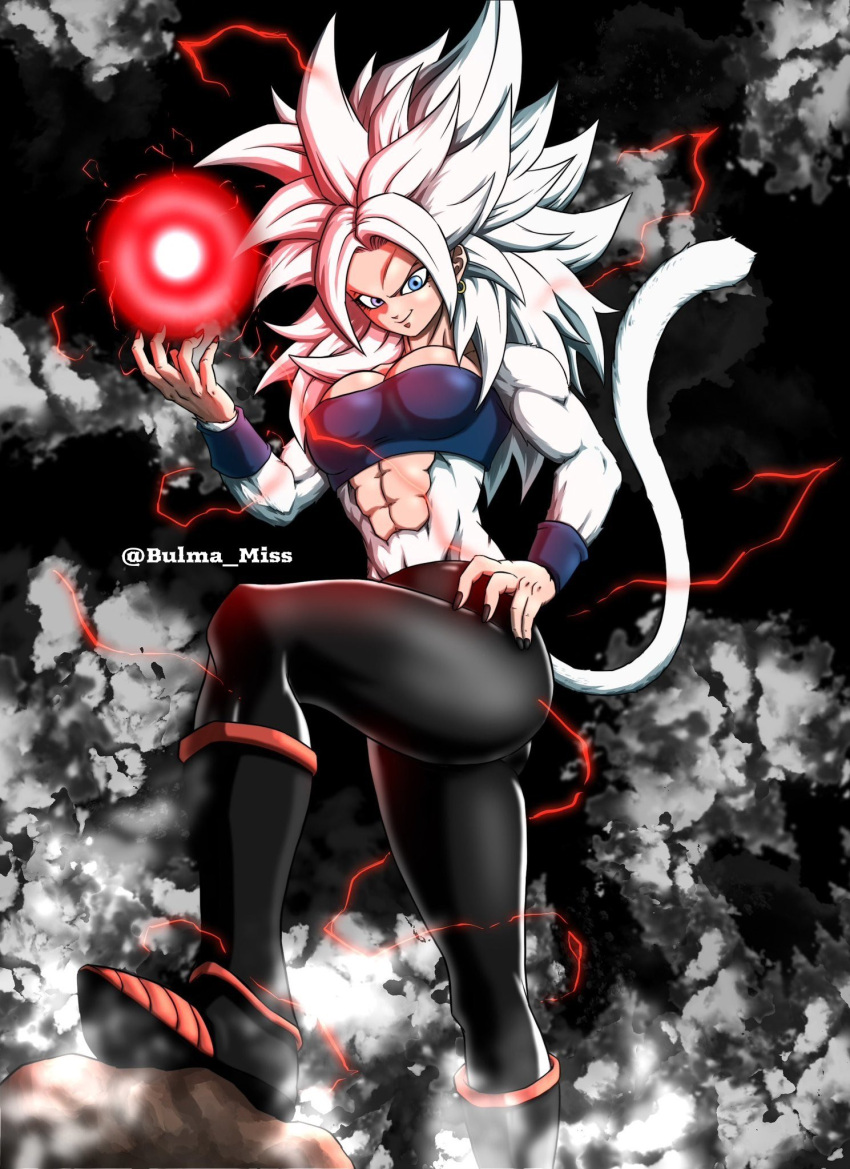 1girls artist_request big_breasts blue_eyes blue_lipstick boots commission dragon_ball dragon_ball_gt dragon_ball_super dragon_ball_xenoverse dragon_ball_z energy_ball female_only latex leggings light-skinned_female lunna oc original_character pale-skinned_female pale_skin saiyan_tail super_saiyan_4 super_saiyan_5 transformation