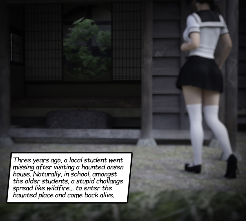 1girls 3d asian asian_female comic comic_page daz english_text female female_focus female_only garden house misuzalha3d school_uniform self_upload sfw solo the_onryo_(misuzalha3d) tsukiko_(misuzalha3d)