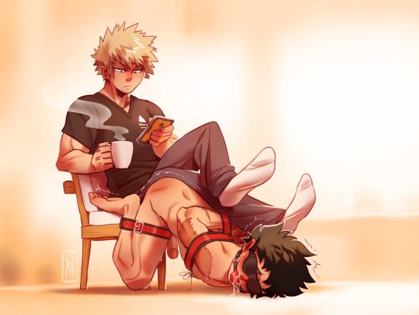 2boys arm_scar blindfold blindfolded blonde_hair gag gagged gay green_hair hot_drink human_footstool izuku_midoriya katsuki_bakugou male male/male male_only mug my_hero_academia on_phone penis phone precum red_eyes scars_on_arm sitting_on_chair spiky_hair tied_up wildmage yaoi