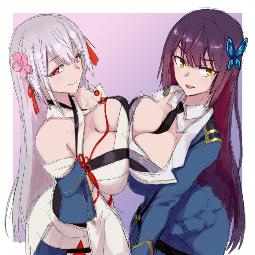 2girls assault_lily bangs bare_shoulders beauty_mark belt between_breasts big_breasts blue_jacket blue_skirt breast_focus breast_press breast_to_breast breasts breasts_focus breasts_to_breasts busty butterfly_hair_ornament cleavage collared_shirt curvy detached_collar eye_contact female female_focus female_only flower_in_hair funada_kiito funada_ui gray_hair grey_hair hair_ribbon hi_res high_resolution highres jacket japanese_clothes japanese_clothing kayumi_mabuta kimono kimono_skirt large_breasts light-skinned_female light_skin looking_at_viewer looking_to_the_side mole mole_under_eye mole_under_mouth multicolored_eyes multiple_girls necktie necktie_between_breasts pov_eye_contact purple_hair red_eyes ribbon simple_background skirt symmetrical_docking tagme tie voluptuous yellow_eyes