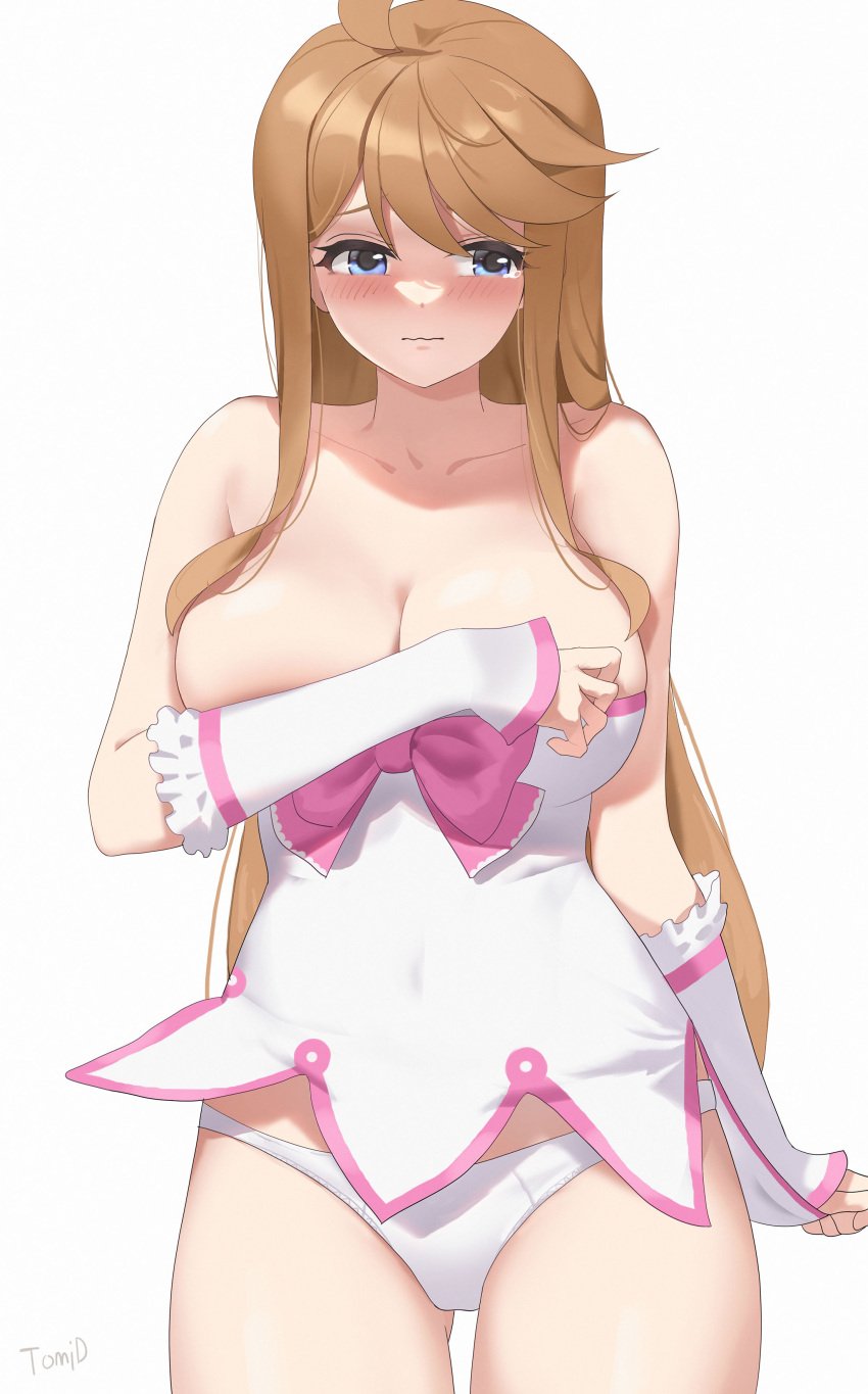 absurdres ahoge arm_at_side bare_shoulders blue_eyes bow breasts brown_hair cleavage collarbone commentary_request covering covering_breasts cowboy_shot detached_sleeves dress embarrassed female hand_up highres idolmaster idolmaster_million_live! idolmaster_million_live!_theater_days large_breasts long_hair panties pink_bow short_dress simple_background solo standing tearing_up tokoro_megumi tomid undersized_clothes underwear very_long_hair wavy_hair white_background white_dress white_panties