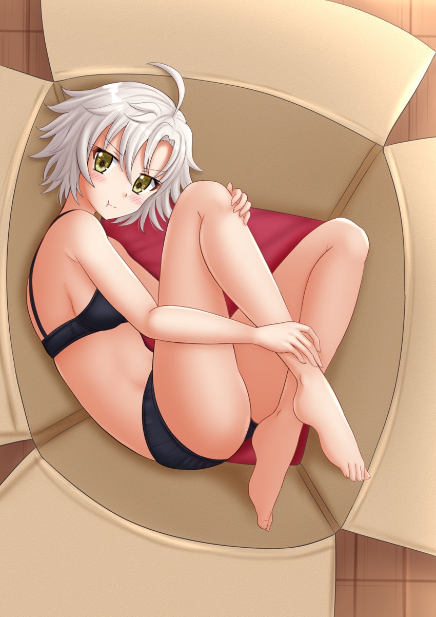 1girls ahoge bare_shoulders barefoot black_bra black_panties blush box bra breasts curled_up eiyuu_densetsu feet female female_focus female_only fie_claussell full_body girl_in_a_box grabbing_leg grabbing_legs green_eyes hair_between_eyes in_box in_container kazenokaze laying laying_down laying_on_side leg_up legs looking_at_viewer lying lying_down lying_on_side on_side panties parted_bangs sen_no_kiseki short_hair sideboob silver_hair small_breasts solo solo_female solo_focus trails_of_cold_steel underwear vulnerable white_hair yellow_eyes