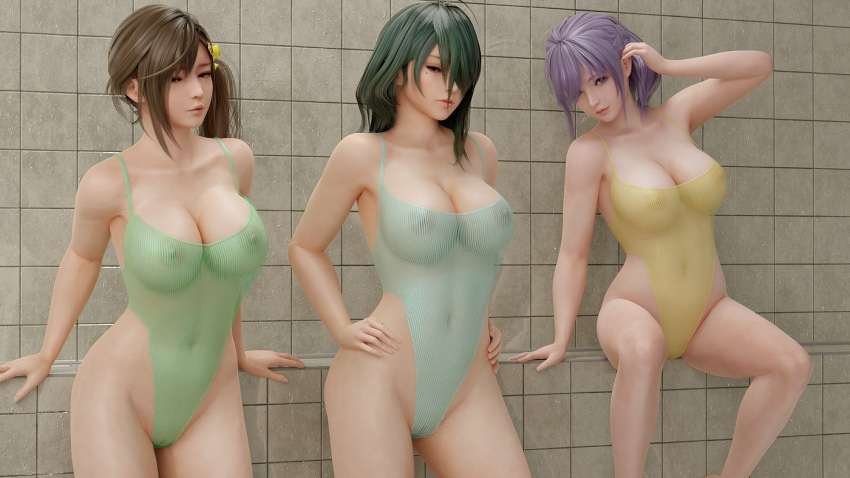 3d 3girls areolae breasts brown_hair cleavage dead_or_alive dead_or_alive_xtreme_venus_vacation female female_only fiona_(doa) green_hair hair_over_one_eye large_breasts misaki_(doa) nipples nipples_visible_through_clothing purple_hair radianteld see-through tamaki_(doa)