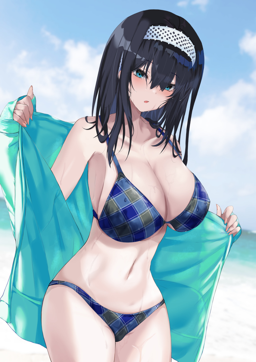 absurdres beach bikini black_hair blue_bikini breasts cleavage collarbone everchix female green_jacket highres idolmaster idolmaster_cinderella_girls jacket large_breasts looking_at_viewer navel open_clothes open_jacket outdoors plaid plaid_bikini sagisawa_fumika solo sweatdrop swimsuit