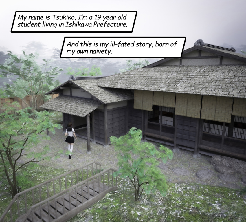 1girls 3d asian asian_female comic comic_page daz english_text female female_focus female_only garden house japanese_house misuzalha3d school_uniform self_upload sfw the_onryo_(misuzalha3d) tsukiko_(misuzalha3d)