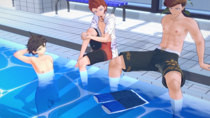 3boys 3d danganronpa danganronpa_2:_goodbye_despair danganronpa_s:_ultimate_summer_camp hinata_hajime koikatsu kuwata_leon male male_only mondo_oowada multiple_boys oowada_mondo straight_hair