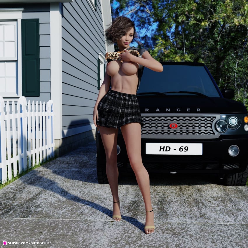 1girls 2021 3d brown_hair car depth_of_field female female_only flashing flashing_breasts front_yard high_heels hope_(outofashes) large_breasts motor_vehicle no_bra original original_character outdoor outdoor_nudity outdoors outofashes outside range_rover shirt shirt_lift shirt_up skirt slushe_(website) solo solo_female standing suv