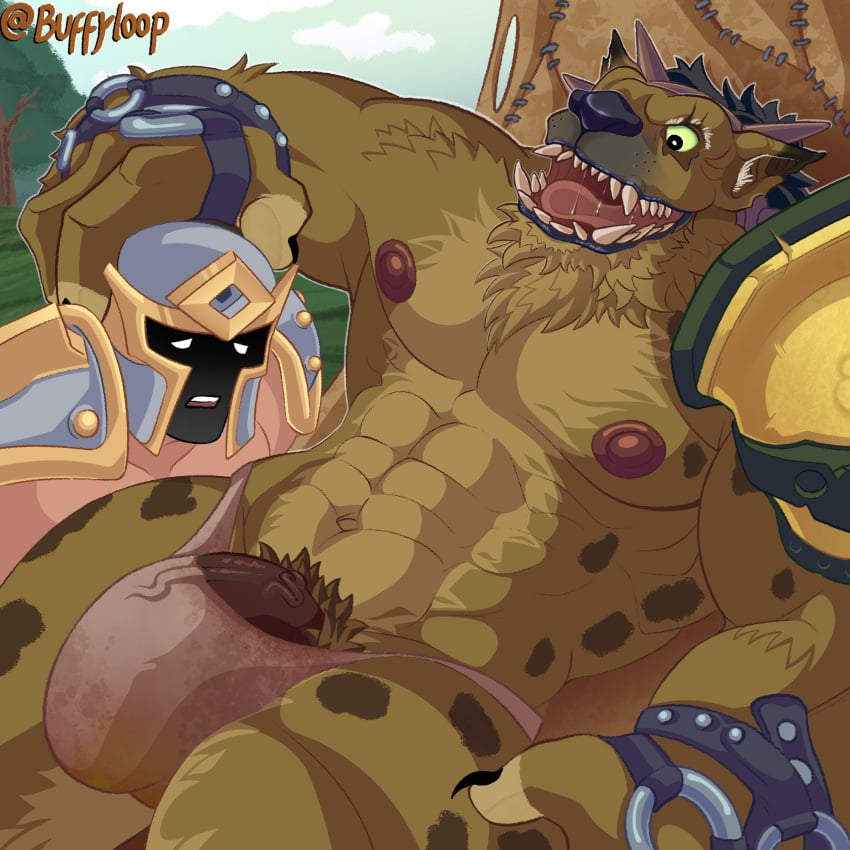 bara brostud brown_fur buffyloop bulge furry gay gnoll hogger huge_muscles human male nipples paladin teasing tenting warcraft world_of_warcraft yaoi