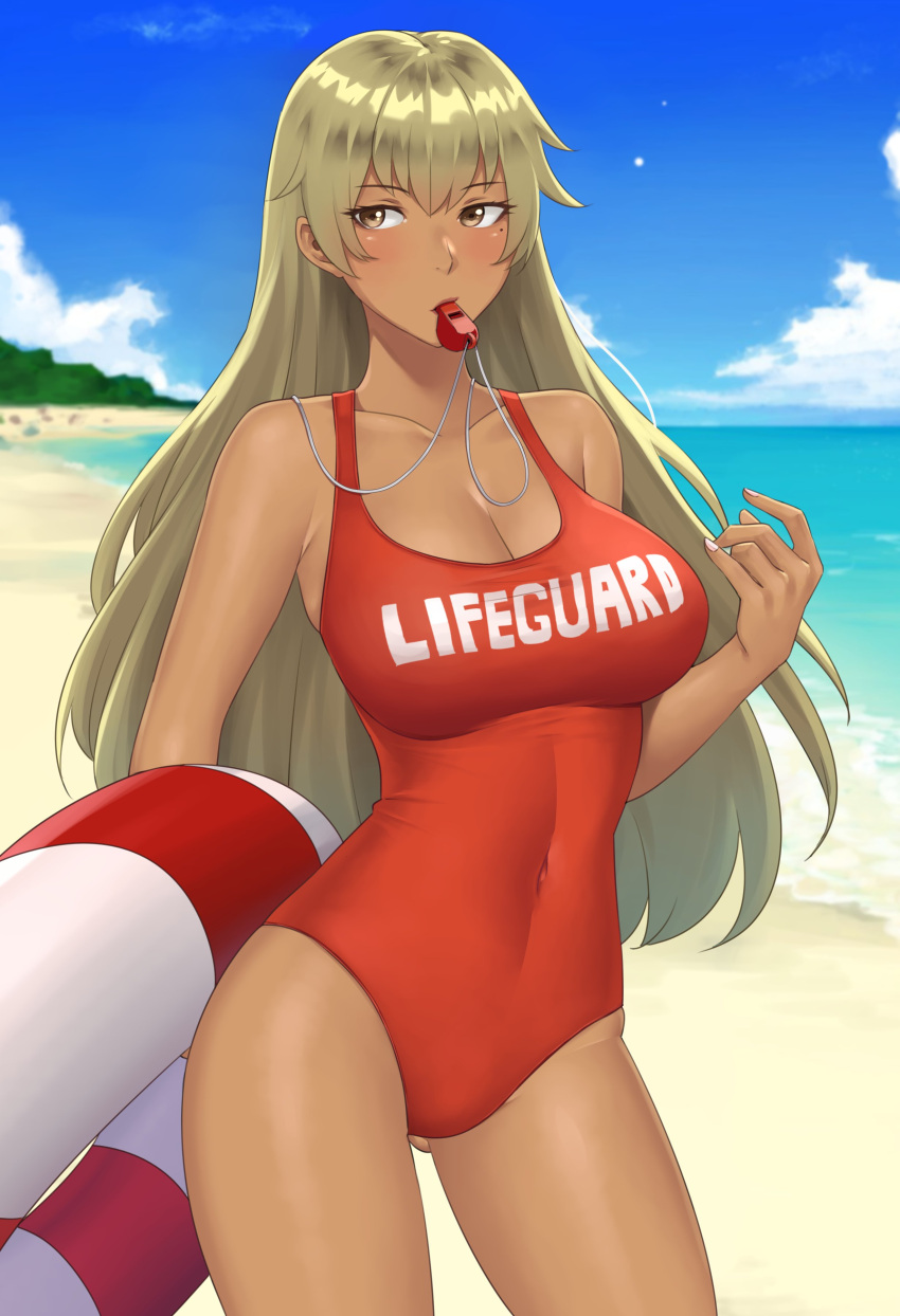 1girls absurdres alternate_costume ass_visible_through_thighs bare_shoulders beach beauty_mark blonde_hair blush breasts cleavage cloud collarbone commission covered_navel cowboy_shot dark_skin day female female female_only fire_emblem fire_emblem:_the_binding_blade highres holding igni_tion igrene_(fire_emblem) large_breasts lifebuoy lifeguard long_hair looking_to_the_side mouth_hold nintendo ocean one-piece_swimsuit outdoors red_swimsuit sand sky solo standing swimsuit very_long_hair water whistle whistle_around_neck yellow_eyes