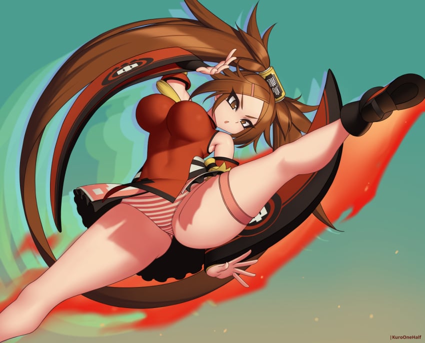 brown_eyes brown_hair female guilty_gear kicking kuradoberi_jam kuroonehalf panties solo striped_panties tagme upskirt