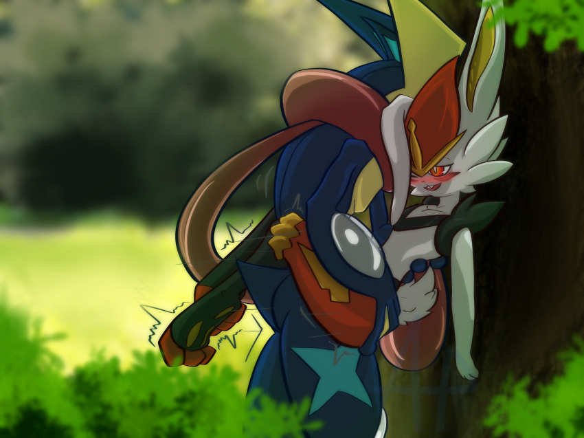 against_surface ambiguous_gender amphibian anthro blue_body blurred_background blush carrying_partner cinderace duo fluffy fluffy_tail frog grass grassy_field greninja half-closed_eyes hi_res holding_thigh humanoid lagomorph leporid lewdaesthetics long_ears long_tongue looking_at_another looking_at_partner looking_pleasured male male/ambiguous mammal narrowed_eyes nintendo open_mouth plant pokémon_(species) pokemon pokemon_(species) rabbit red_eyes sex smile stand_and_carry_position standing standing_position standing_sex tongue tree video_games white_body