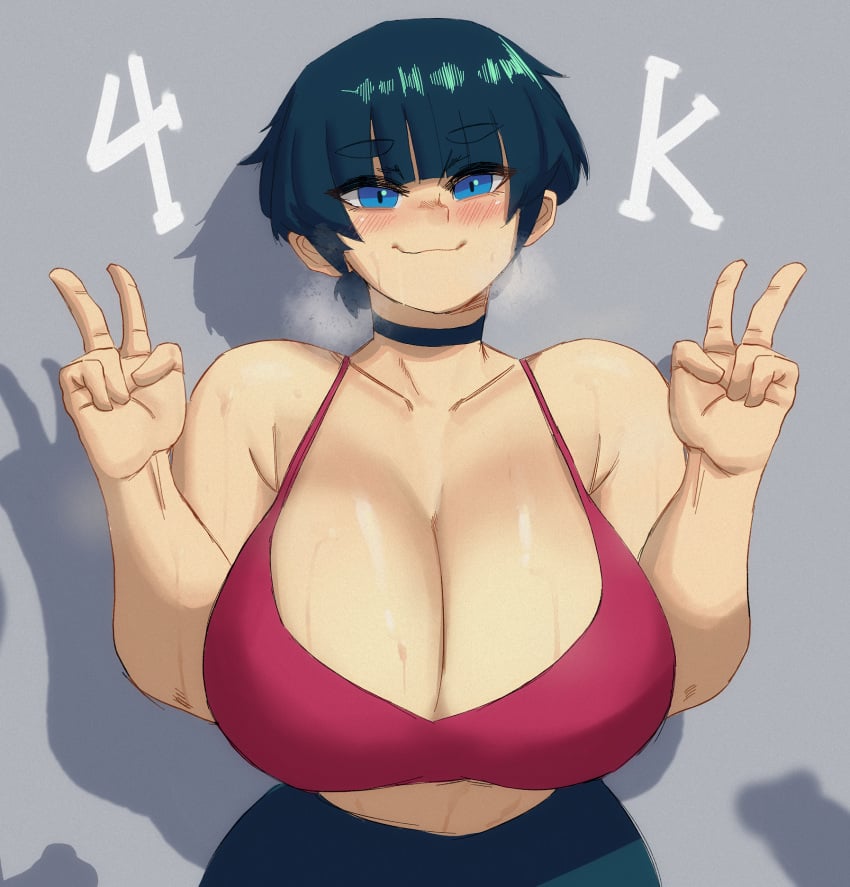 1girls belly big_breasts black_hair blue_eyes blush blushing breasts choker crop_top curvaceous curves curvy curvy_body curvy_figure dick_shadow huge_breasts large_breasts mai_(mai_munah) mai_munah penis_shadow short_hair shoulders sweat sweating sweaty sweaty_breasts tagme tagme_(character) thick tummy