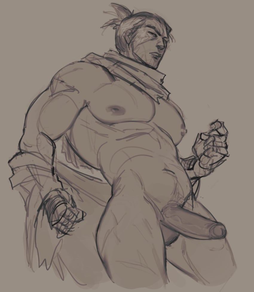 big_pecs erection fromsoftware imlooking looking_at_viewer low-angle_view male male_only monochrome muscular muscular_male pecs penis prosthetic_arm scarf sekiro sekiro:_shadows_die_twice sketch solo uncensored undressing veiny_penis