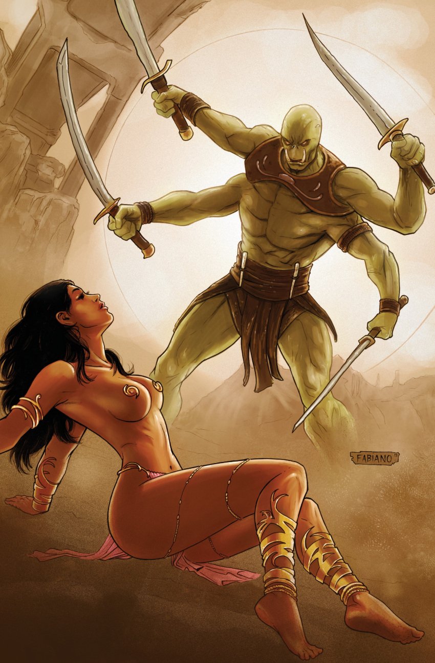 1girls 4_arms a_princess_of_mars alien anklet barsoom black_hair dejah_thoris fabiano_neves gold_pasties green_martian green_skin holding_weapon john_carter_of_mars large_breasts larger_male loincloth long_hair martian multi_arm multi_limb official_art pasties red_eyes royalty side_view size_difference smaller_female sword voluptuous