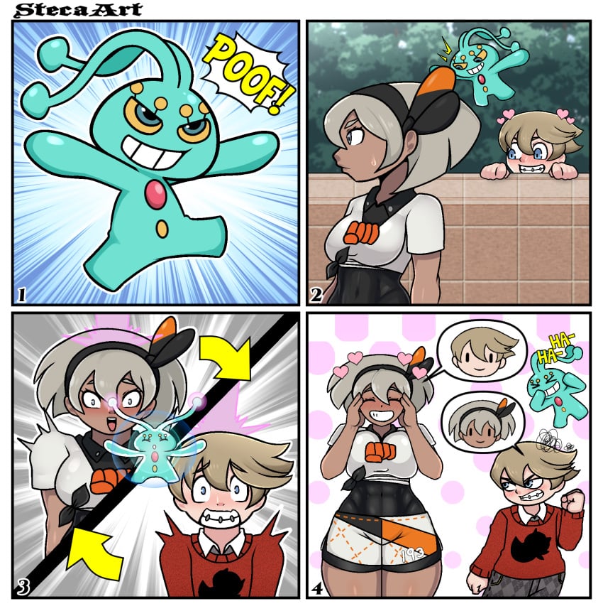 1boy 4koma angry angry_face bea_(pokemon) body_swap breasts comic commission dark-skinned_female dark_skin female happy high_resolution latex male manaphy muscle muscular_female personality_switch pokemon pokemon_(game) pokemon_character pokemon_species pokemon_ss rule_63 short_hair smile steca suprised thelazyart thick_thighs thighs