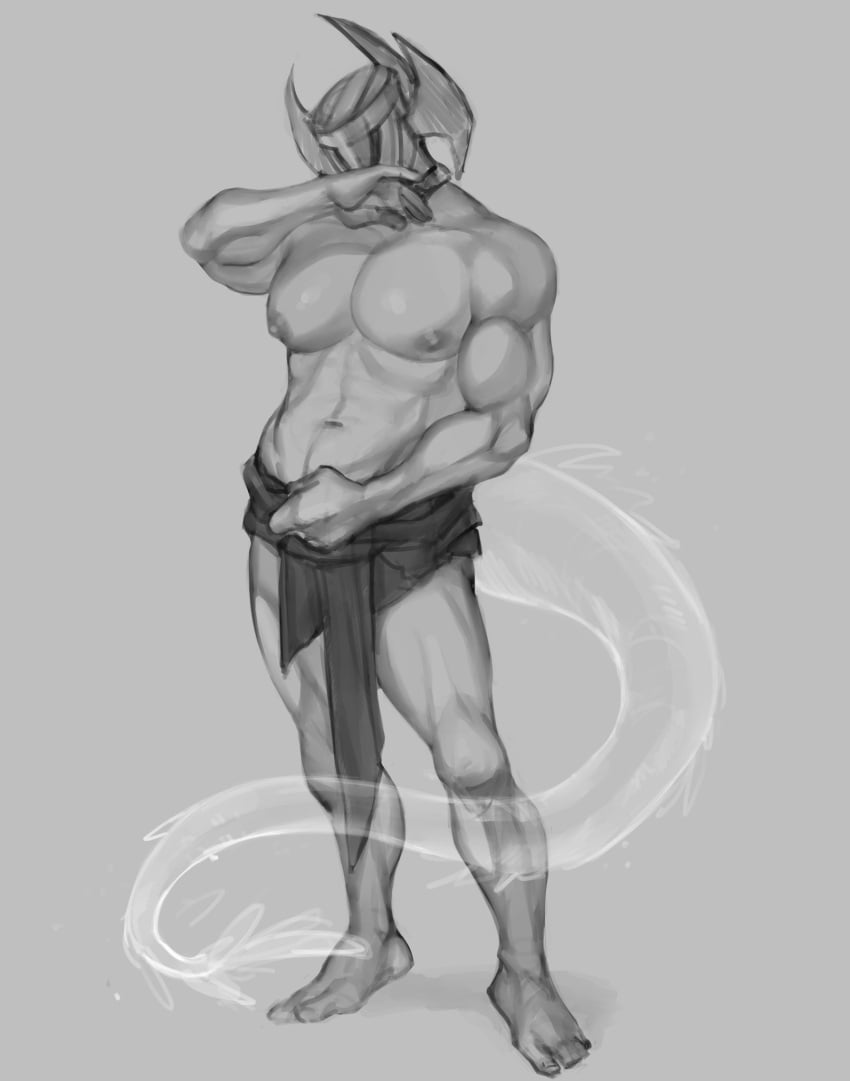 barefoot big_pecs crucible_knight elden_ring fromsoftware full_body greyscale helmet imlooking loincloth male male_only masked masked_male monochrome muscular muscular_male pecs solo standing topless topless_male