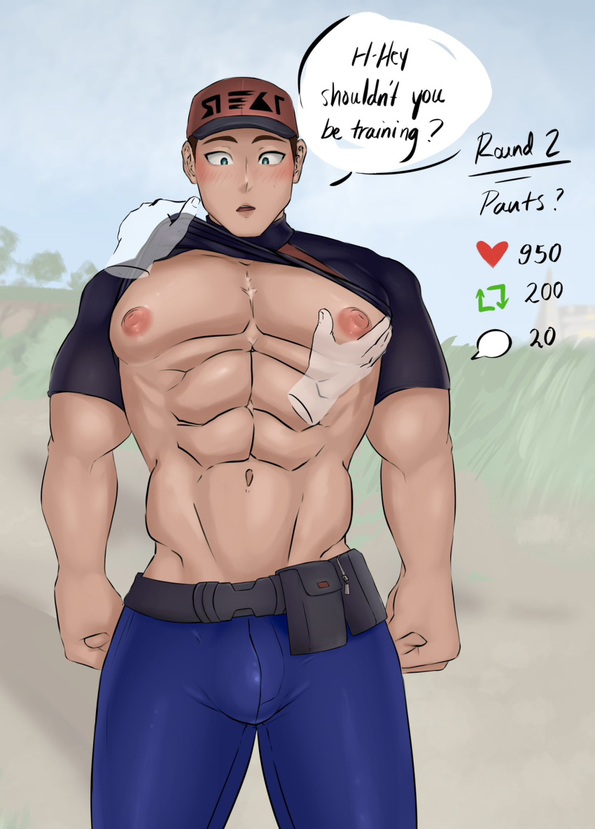 buff bulge clothes courier_(pokemon) dialogue donation_drive embarrassed english_text male male_only muscles muscular muscular_male nipple nipple_play nipple_tweak outdoors outside pokemon pokemon_sv retweet_icon shirt_lift shy strip_game yoruunsfw