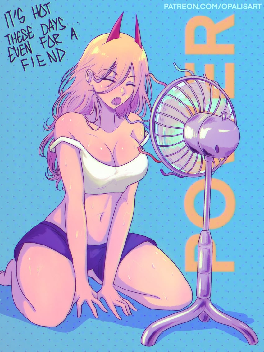 belly belly_button big_breasts breasts chainsaw_man devil devil_horns electric_fan fan female female_only horn large_breasts opalisart power_(chainsaw_man) sweating sweaty thick thick_thighs tummy