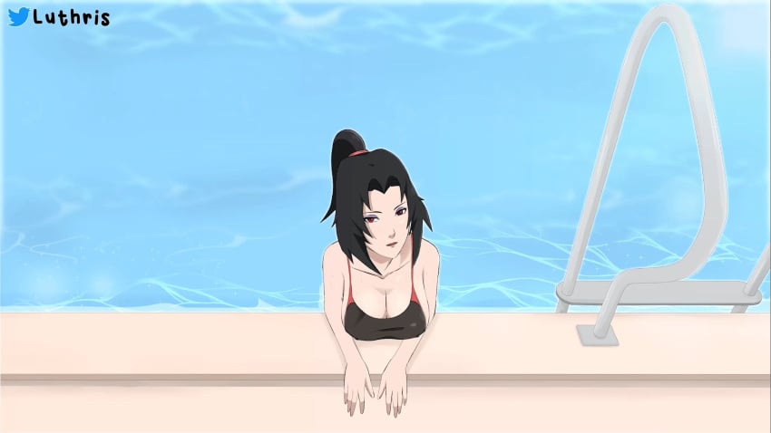 1girls alternate_hairstyle arm_support big_breasts bikini bikini_top breasts cleavage eyeshadow female female_only kurenai_yuhi lipstick long_hair luthris makeup mature mature_female milf naruto naruto_(series) naruto_shippuden partially_submerged ponytail pool poolside solo solo_focus stairs swimsuit tied_hair yuuhi_kurenai