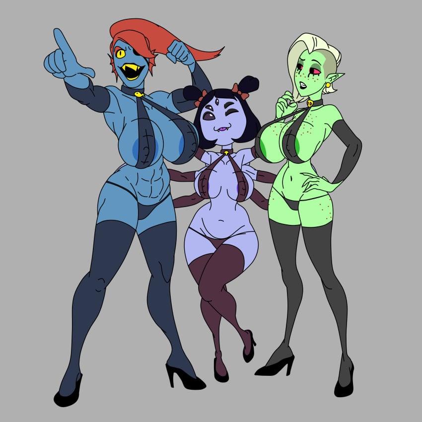 2d 3girls 5_eyes 6_arms abs alien alien_girl areola_slip big_breasts black_hair blue_skin breasts cartoony choker cleavage colored diference_size disney disney_channel disney_xd female female_only green_skin high_heels huge_breasts humanoid iop_god_(coloring) kabrro large_breasts lavender_skin long_gloves lord_dominator muffet multi_arm multi_limb multiple_girls muscle muscle_tone muscles neckwear nipple_bulge nipples noseless panties pose red_eyes red_hair rough_sketch six_pack sketch stockings taller_girl thighhighs toned toned_female tongue tongue_out undertale undertale_(series) undyne wander_over_yonder white_hair wide_hips wink yellow_eyes