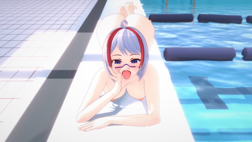 1girls big_breasts black_swimsuit fellatio_face female female_only indoors laying_down light-skinned_female light_skin naked onolumi_(vtuber) pool pov_eye_contact purple_eyes solo tangfox_(artist) virtual_youtuber