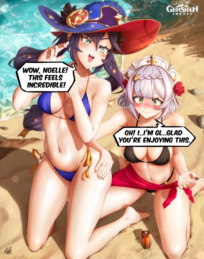 2girls absurdres applying_sunscreen bare_legs barefoot beach bikini black_bikini black_hair blue_bikini blush breasts copyright_name embarrassed english_text female female_only flower flustered genshin_impact green_eyes grey_eyes grey_hair hair_flower hair_ornament hand_on_another's_ass hands_up hat highres human kellzallday large_breasts long_hair medium_breasts mona_(genshin_impact) multiple_girls navel noelle_(genshin_impact) open_mouth red_flower red_rose rose sand short_hair signature smile sunscreen swimsuit text water wavy_mouth witch_hat yuri