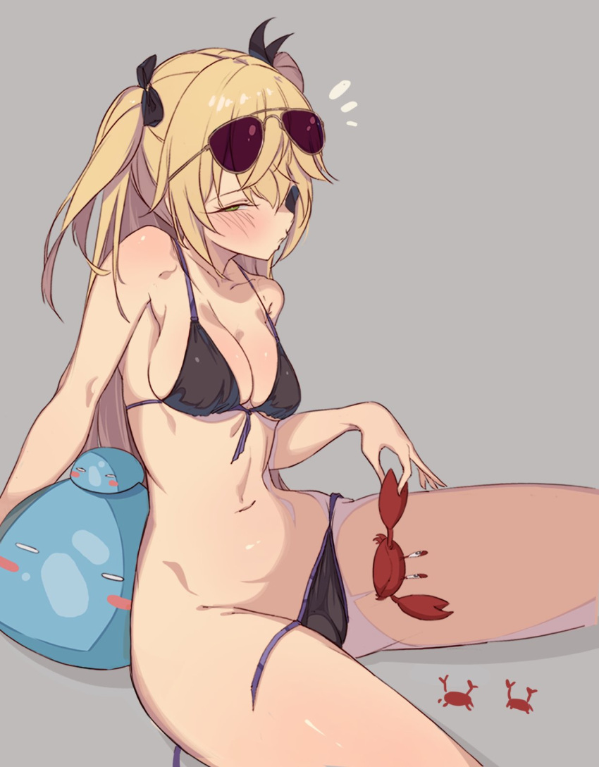 bare_arms bare_shoulders bikini black_bikini blonde_hair breasts cleavage crab eyepatch eyewear_on_head female fischl_(genshin_impact) front-tie_bikini front-tie_top genshin_impact grey_background hair_ribbon highres kkry99 long_hair looking_at_viewer medium_breasts navel ribbon simple_background sitting slime_(genshin_impact) solo stomach strap_gap string_bikini sunglasses swimsuit thighs two_side_up untied untied_bikini