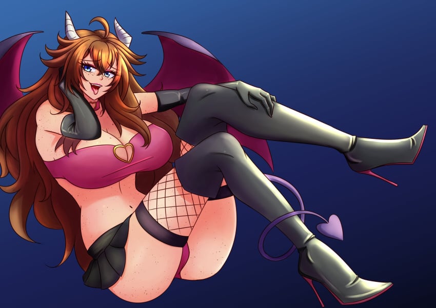 blue_eyes boots breasts brown_hair emily_(willanator) freckles_on_breasts freckles_on_face freckles_on_thighs horns light-skinned_female light_skin long_hair looking_at_viewer naughty_face succubus thighs willanator wings