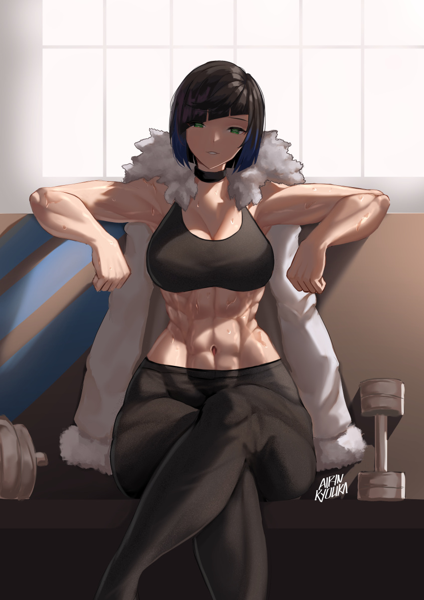 abs absurdres armpits artist_name bangs bare_shoulders black_hair blue_hair bob_cut breasts choker cleavage couch crossed_legs curvy diagonal_bangs female fur_trim genshin_impact green_eyes highres jacket jacket_on_shoulders large_breasts looking_at_viewer multicolored_hair muscular muscular_female navel pants parted_lips ryo_(ryo_artys) short_hair smile solo sports_bra sportswear sweat weights yelan_(genshin_impact) yoga_pants