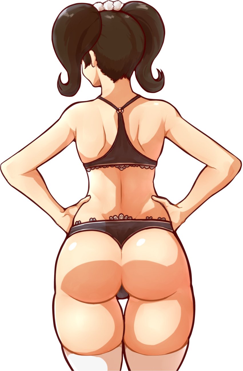 1girls 91m10 alternate_hairstyle ass atlus becky_(persona) big_ass black_hair bra bubble_butt dat_ass female female_only from_behind hands_on_hips highres legs maid maid_headdress persona persona_5 pose sadayo_kawakami sega sensual solo thick_thighs thighs thong twintails underwear voluptuous