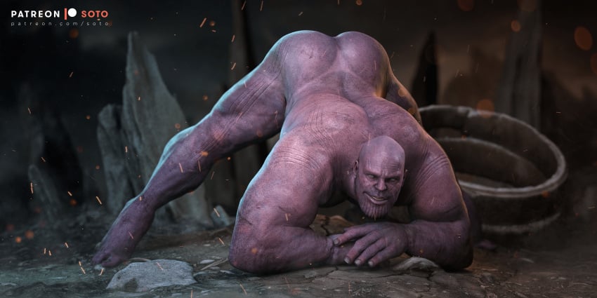 1boy 1male 3d ass ass_up bara face_down_ass_up gay helmet jack-o_pose jackochallenge looking_at_viewer male male_only marvel marvel_cinematic_universe marvel_comics muscular muscular_male nude outdoors outside purple_body purple_skin solo soto thanos