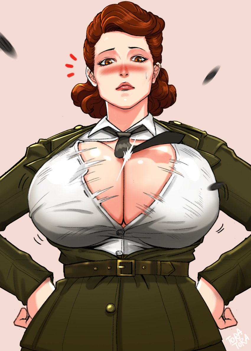 1girls accidental_exposure big_breasts blush breasts brown_hair bursting_breasts captain_america_(series) cleavage female female_only large_breasts light-skinned_female marvel marvel_cinematic_universe peggy_carter solo solo_female tora_tora wardrobe_malfunction