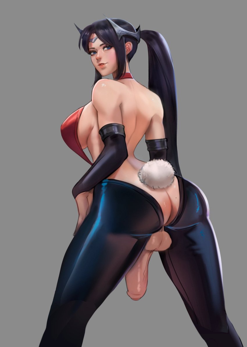 1futa back back_view balls big_penis black_hair breasts bunny_tail bunnysuit clothed clothing flaccid futa_only futanari human irelia_xan large_breasts large_penis league_of_legends leoquezadilla light-skinned_futanari light_skin long_hair looking_back mostly_clothed penis quezadilla reverse_bunnysuit riot_games solo standing