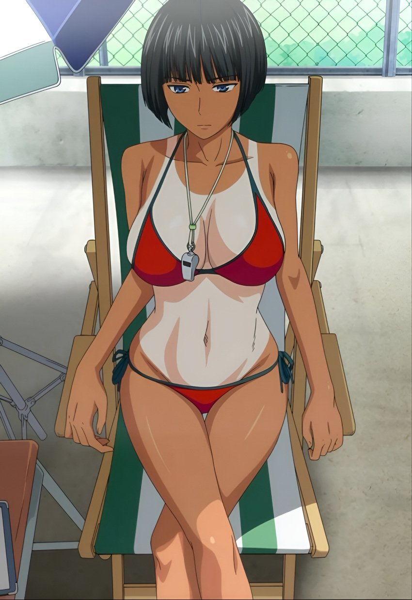 1girls absurdres big_breasts bikini black_hair blue_eyes bokura_no_sex bra breasts busty cleavage crossed_legs dark-skinned_female dark_skin female female_focus female_only highres inomaru kagari_(bokura_no_sex) large_breasts legs navel one-piece_tan panties queen_bee_(animation_studio) red_bikini screencap screenshot short_hair sitting solo stitched swimsuit tan tanline thighs third-party_edit underwear voluptuous