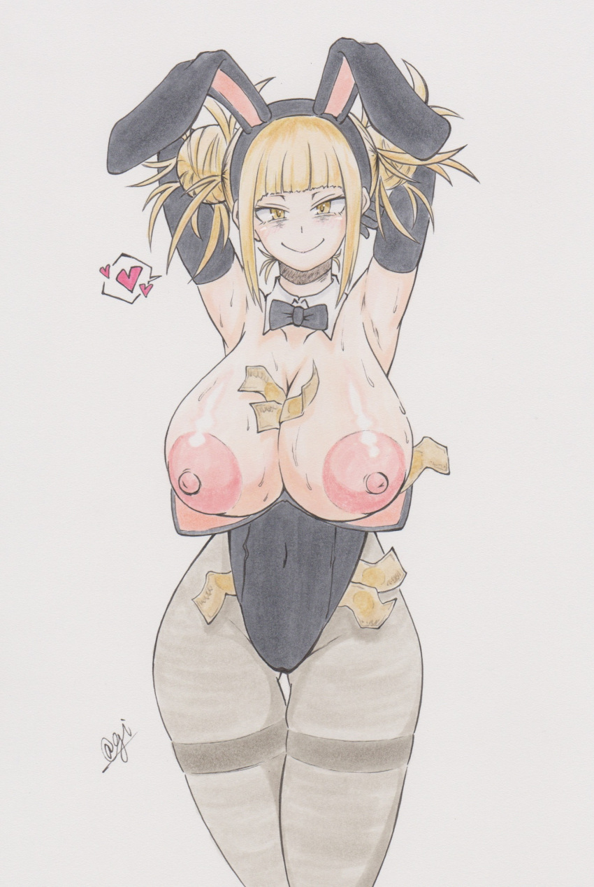 @gi areolae armpits artist_signature big_breasts black_clothing blonde_hair breasts breasts_out bunny_ears bunnysuit collarbone gi60423540 hair_bun hands_behind_head heart himiko_toga hips long_gloves money money_under_clothes my_hero_academia navel navel_visible_through_clothes nipples pantyhose smiling standing sweat sweatdrop sweating thick_thighs thigh_gap thighs tie white_background wide_hips