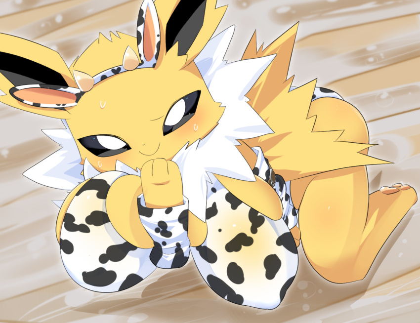 3_fingers all_fours animal_print anthro anthro_only ass barefoot big_breasts big_butt black_inner_ear black_nose black_sclera blush bodily_fluids breasts closed_smile clothed clothing cow_ears cow_horns cow_print eeveelution fake_ears fake_horns feet female fingers fur jolteon kneeling lets0020 long_ears looking_at_viewer mouth_closed neck_tuft nintendo nipple_outline no_humans pawpads paws pokémon_(species) pokemon smile solo sweat sweatdrop tuft video_games white_body white_eyes white_fur white_tuft yellow_body yellow_fur yellow_pawpads