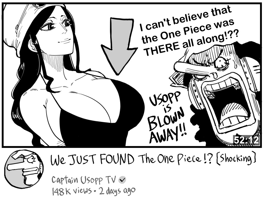 bb_(baalbuddy) big_breasts black_and_white cleavage clickbait dress dressrosa female glasses hat huge_breasts long_hair male mature_female nico_robin one_piece post-timeskip smile sunglasses usopp youtube youtube_thumbnail